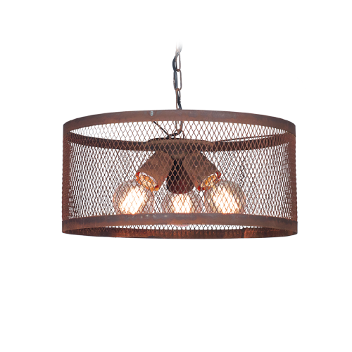 Colgante 3 luces e27 con cadena y pantalla metalica 45cm oxidado